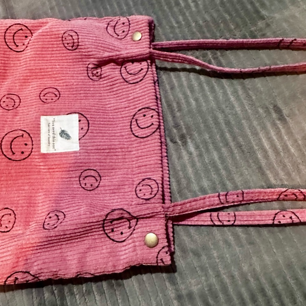Pink Corduroy Smiley Face Tote Bag - Picture 3 of 13